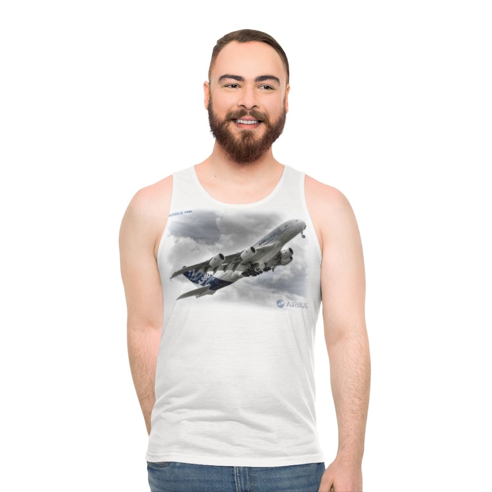 Unisex aviation enthusiast tank top featuring Airbus A380 airplane design