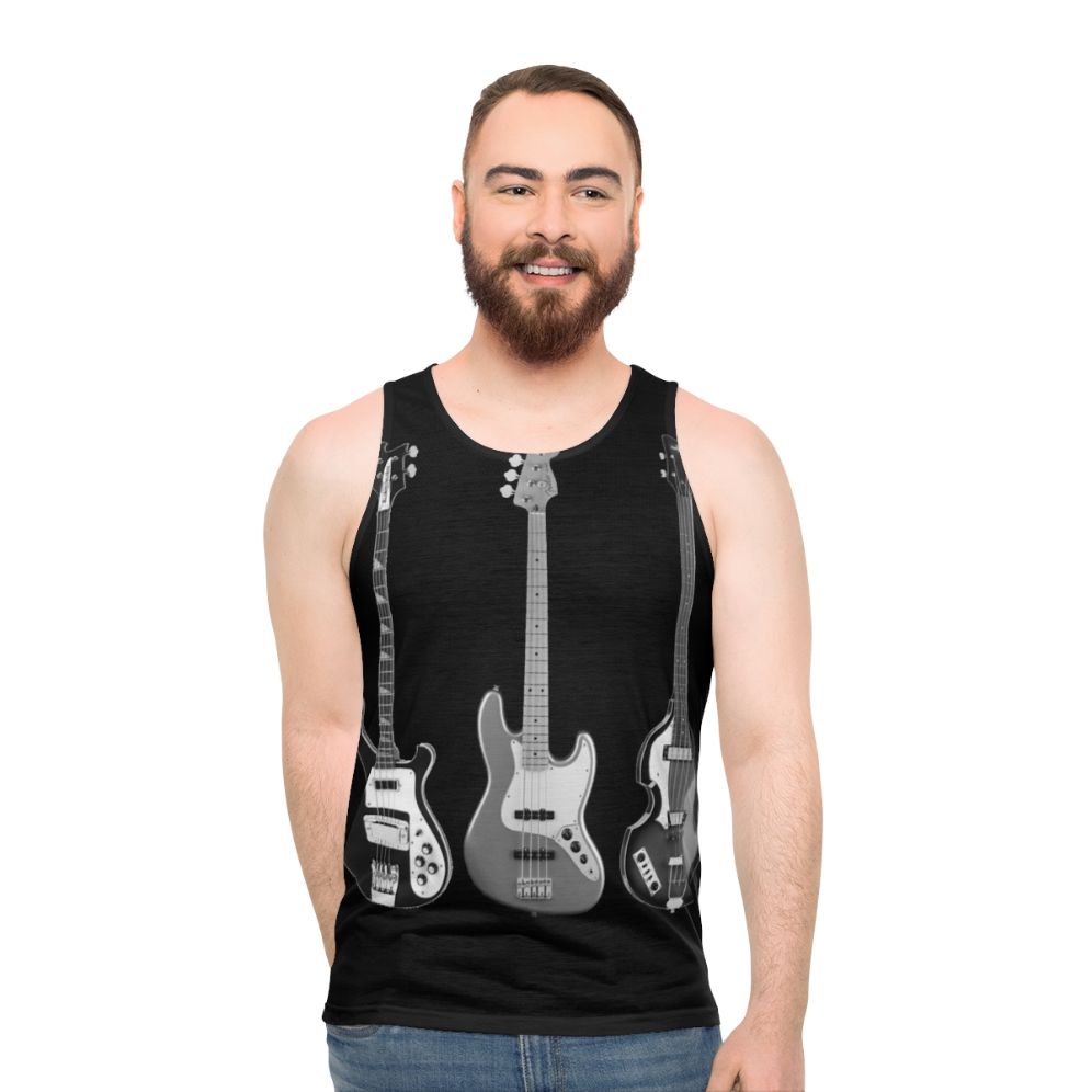 Unisex tank top featuring bass and guitar designs