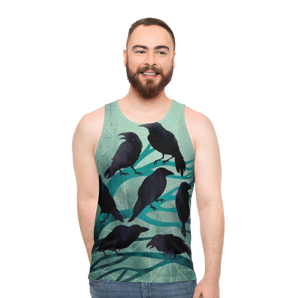 Unisex tank top with bird design and celestial motif