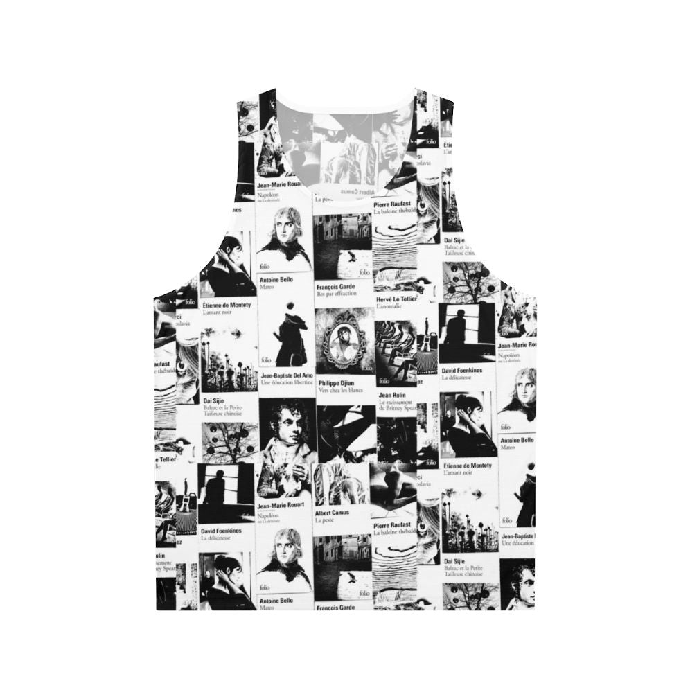 Unisex black and white tank top with literature design
