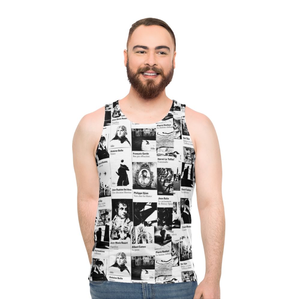 Unisex black and white tank top with literature design