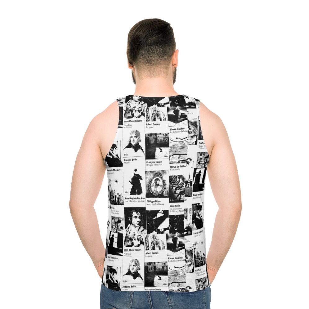 Unisex black and white tank top with literature design