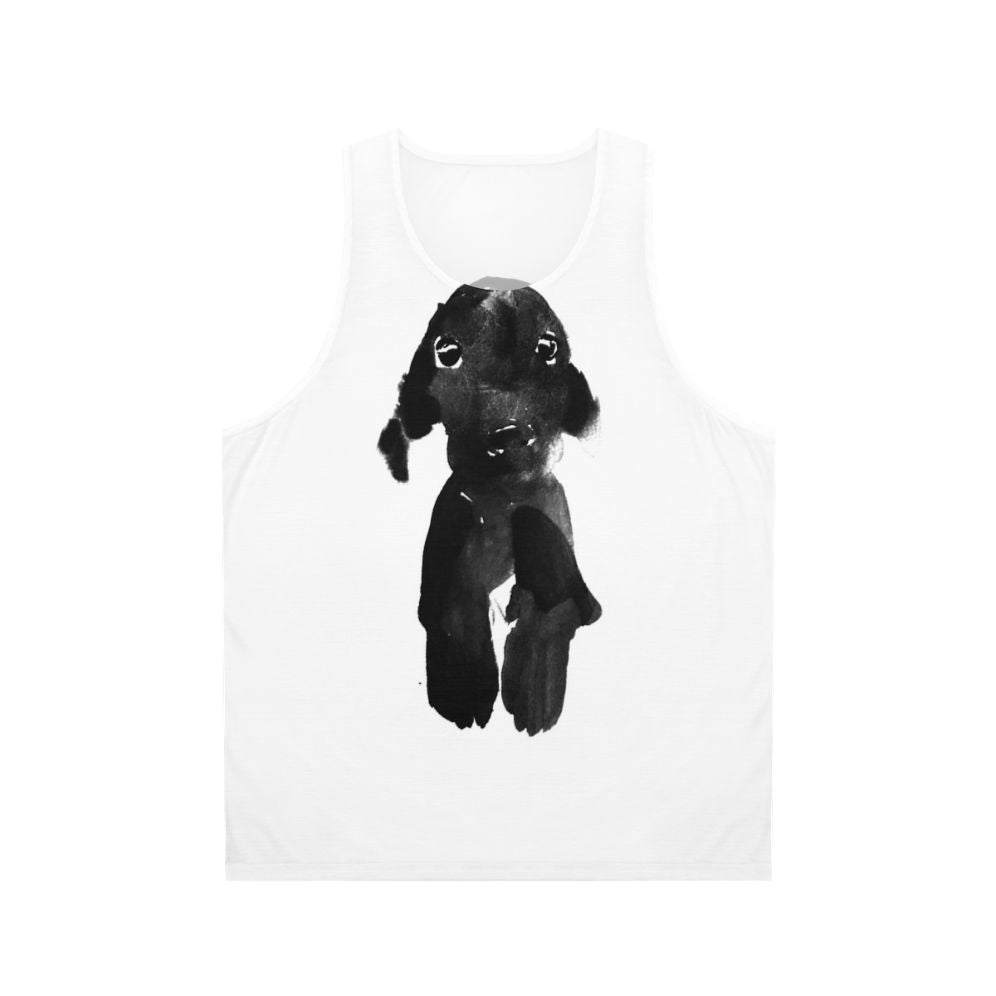 Unisex black tank top with dog graphic