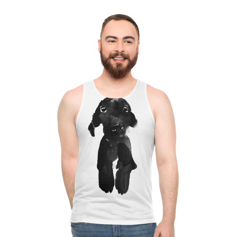 Unisex black tank top with dog graphic