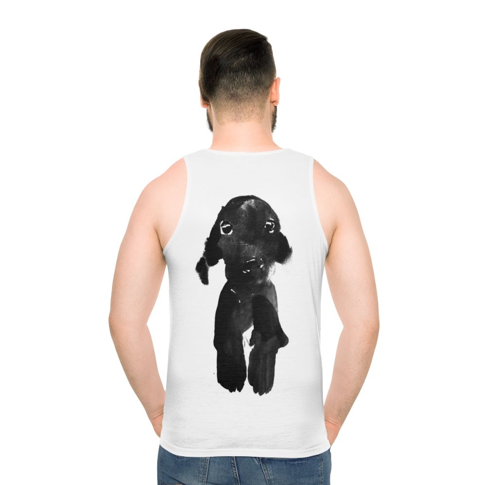 Unisex black tank top with dog graphic