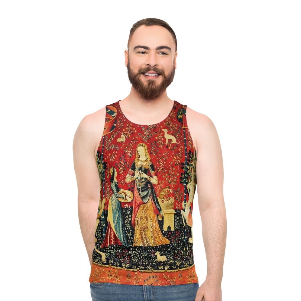 Unisex black floral fantasy tank top featuring a mythical unicorn design
