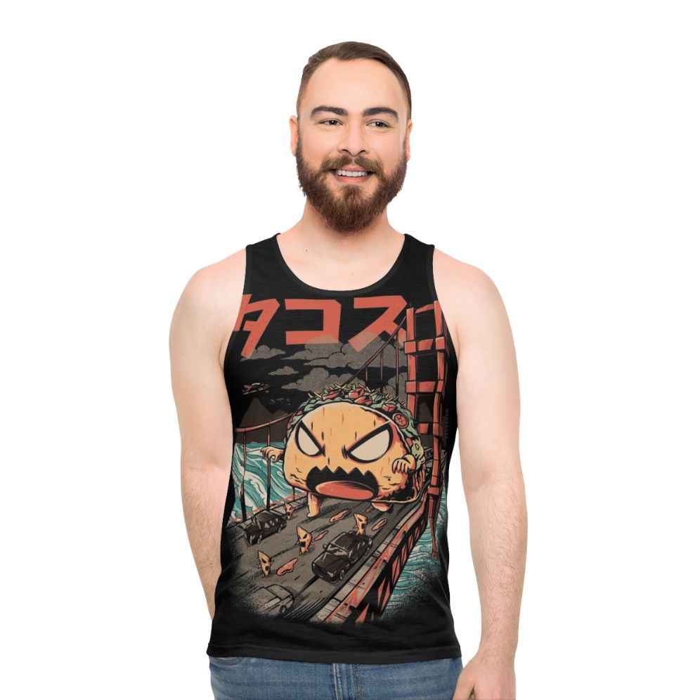 Unisex black tank top with a kaiju monster graphic