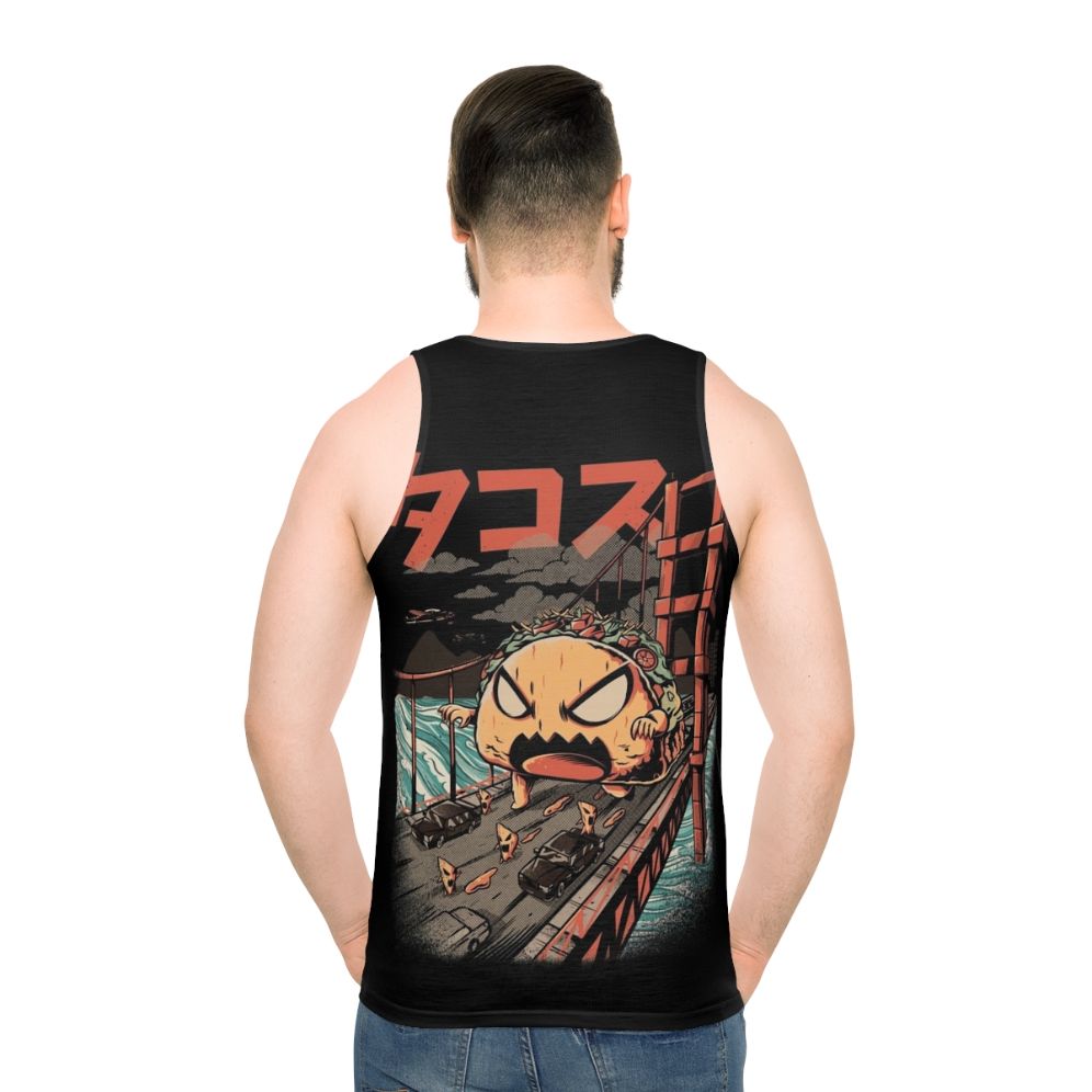 Unisex black tank top with a kaiju monster graphic