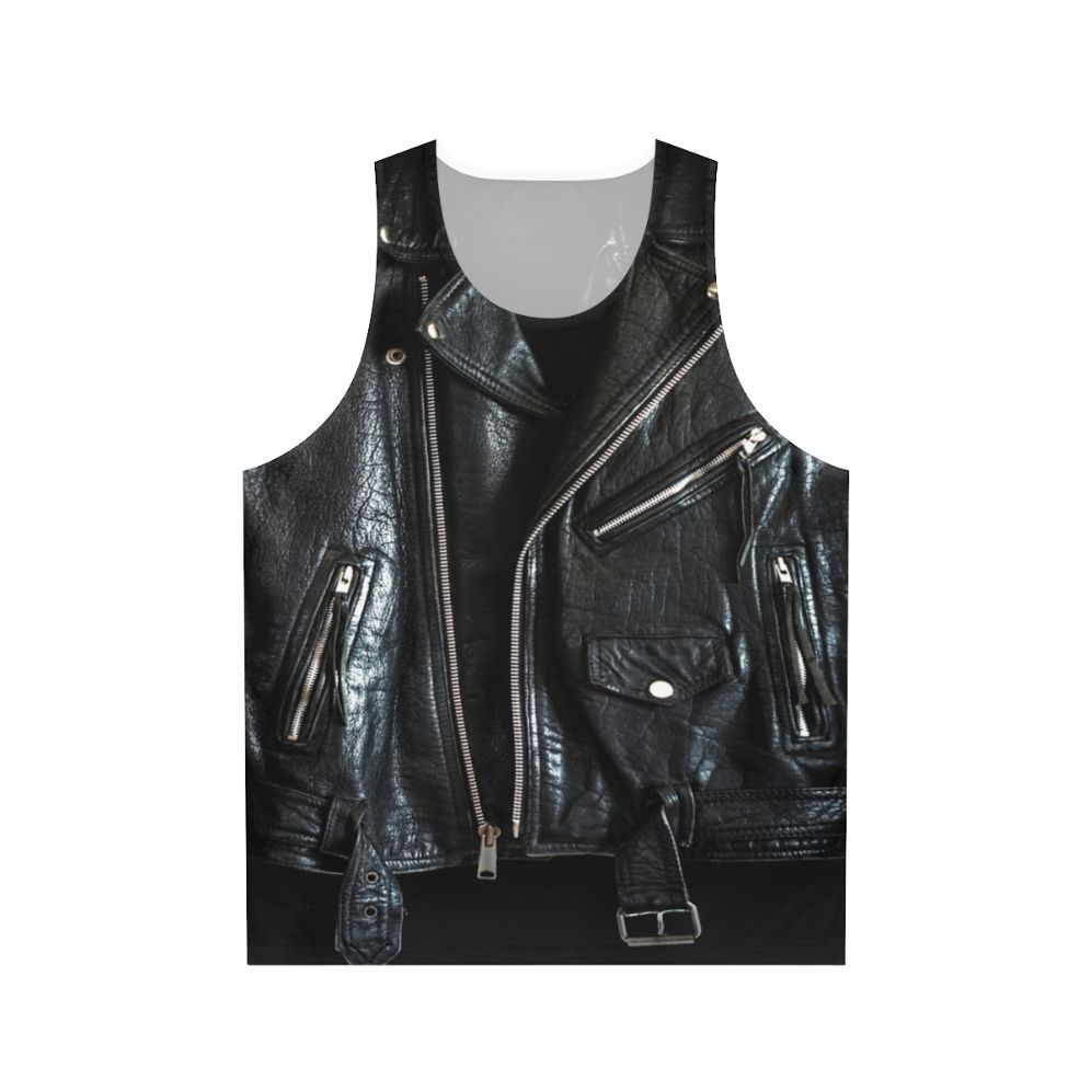 Unisex black leather jacket inspired tank top