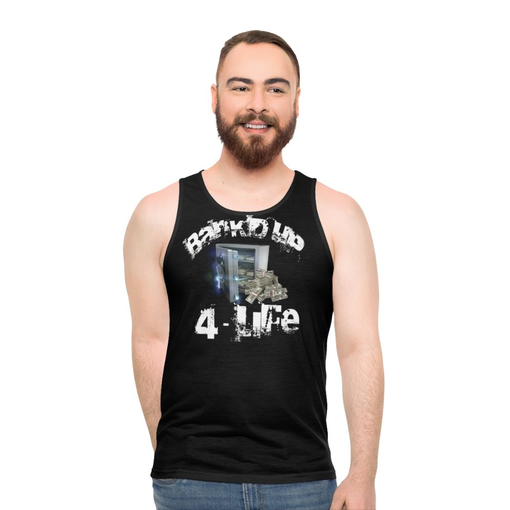Unisex black tank top with lavish d and sacramento branding