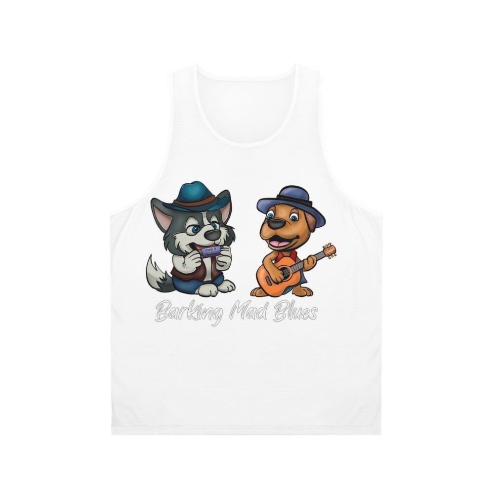 Unisex blues music tank top with malamute design