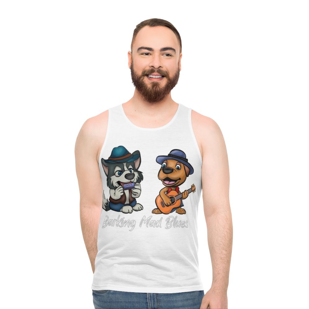 Unisex blues music tank top with malamute design