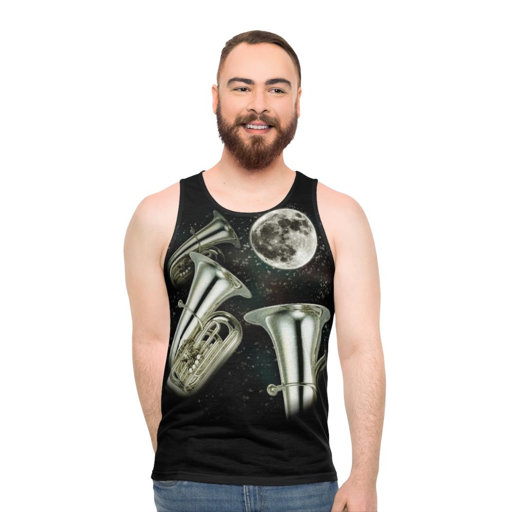 Unisex tank top with three-moon design and brass instruments