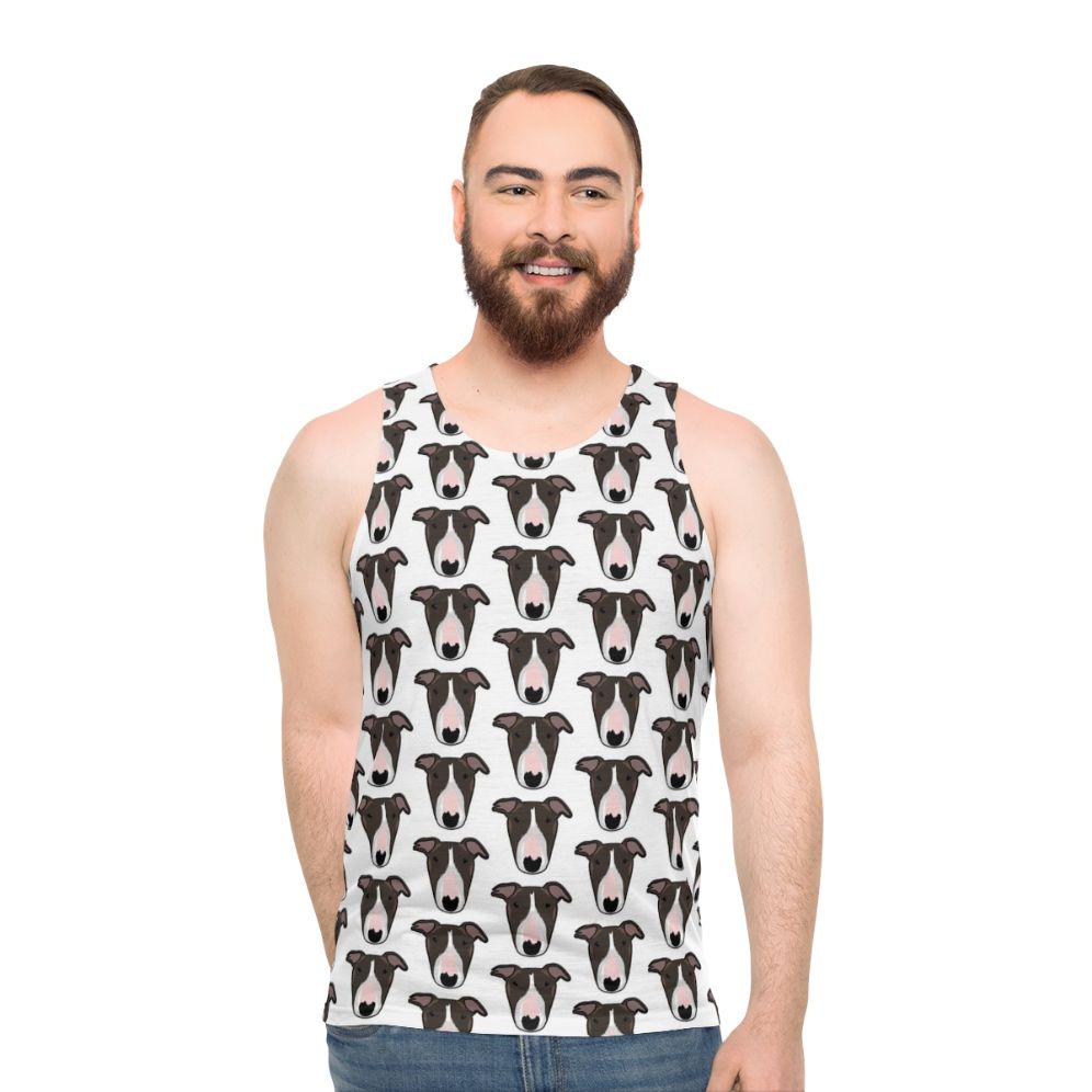 Unisex tank top with a playful bull terrier design