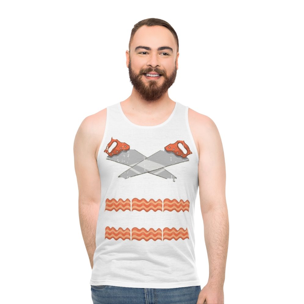 Unisex carpenter tank top with "The Bacon of Hobbies" design