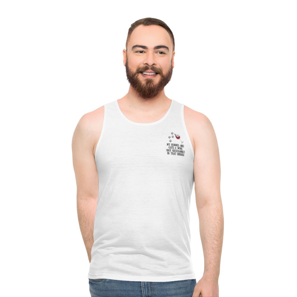 Unisex tank top with cats and wine design