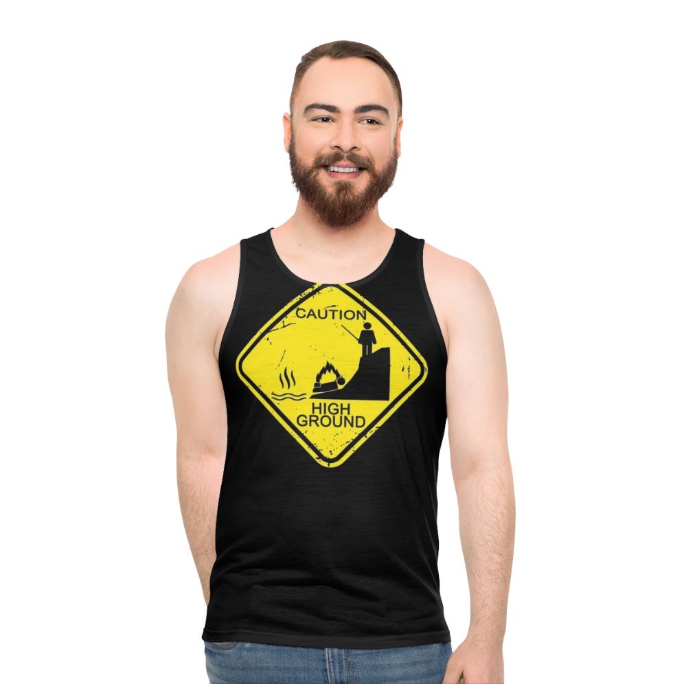 Unisex tank top with 'Caution High Ground' stick figure design