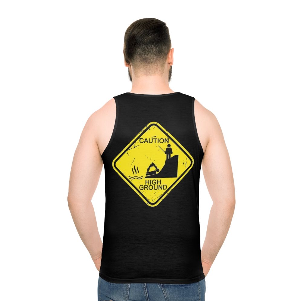 Unisex tank top with 'Caution High Ground' stick figure design