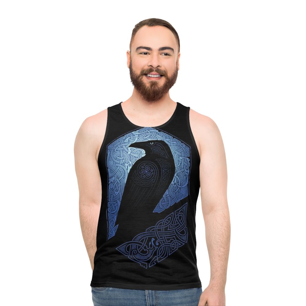 Unisex tank top with Celtic mythology inspired design featuring a bird silhouette