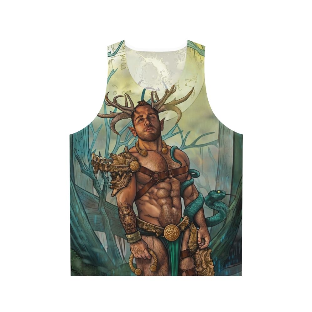 Unisex Cernunnos tank top with pagan mythology inspired satyr design