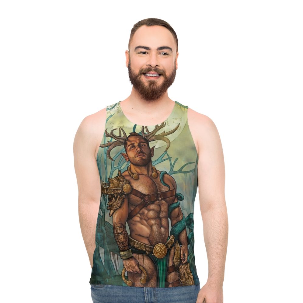 Unisex Cernunnos tank top with pagan mythology inspired satyr design