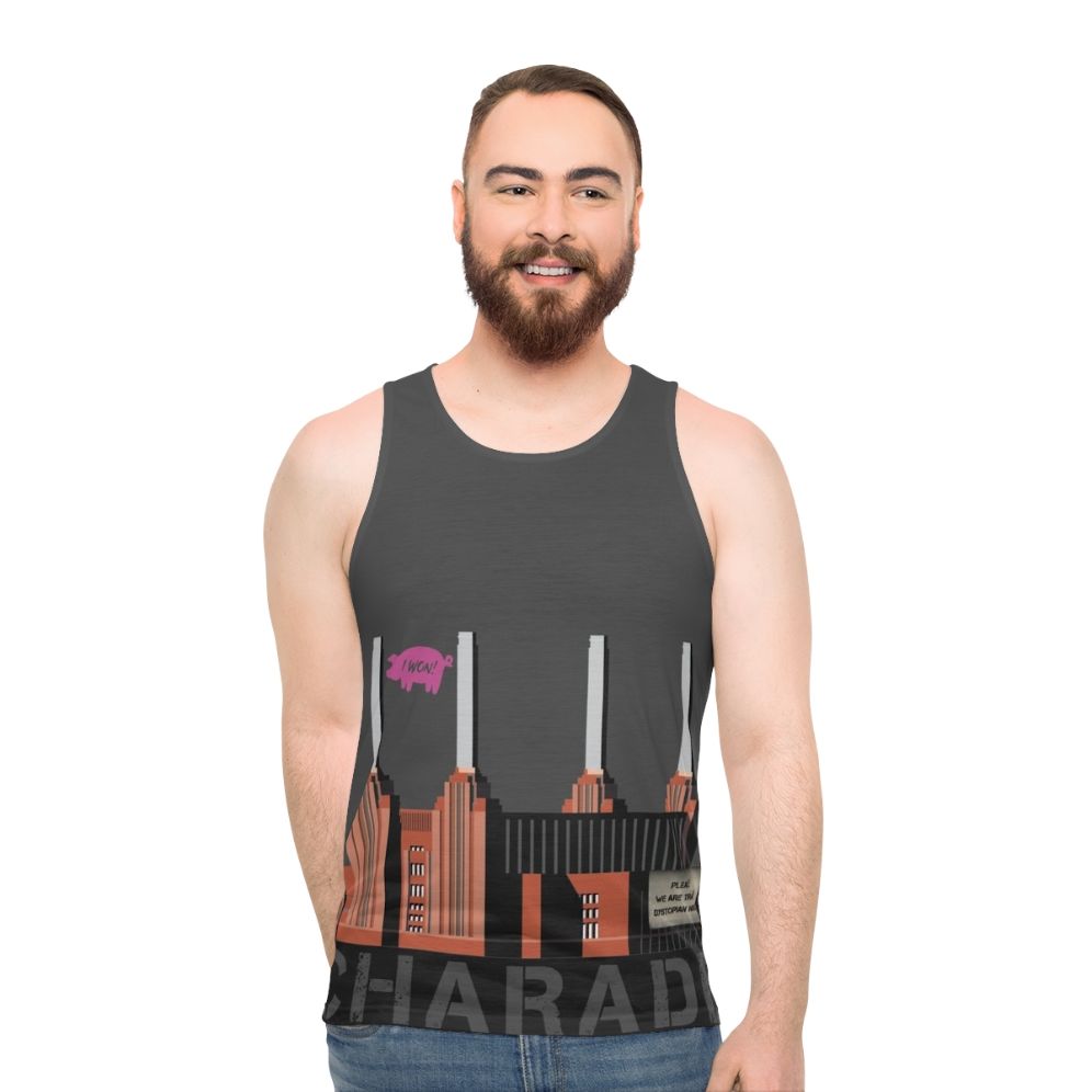 Unisex Charade tank top featuring Pink Floyd inspired protest design