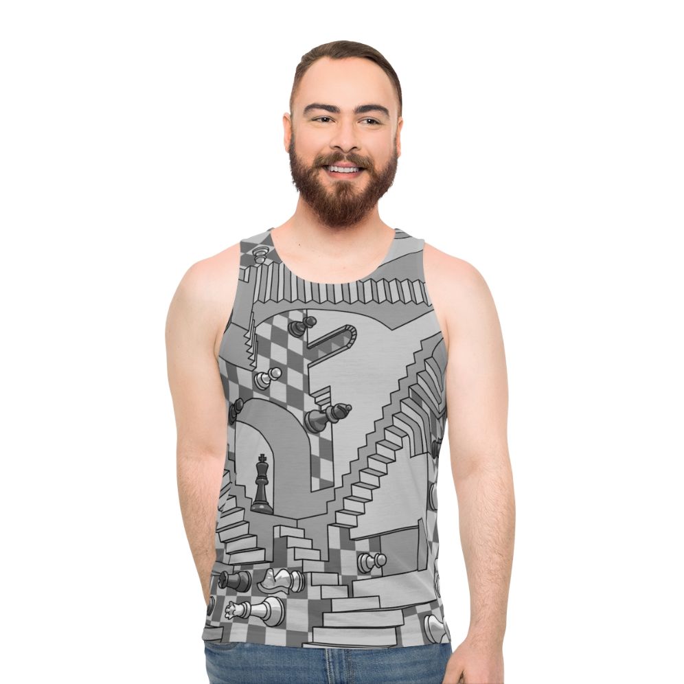 Unisex tank top with chess design and geometric pattern