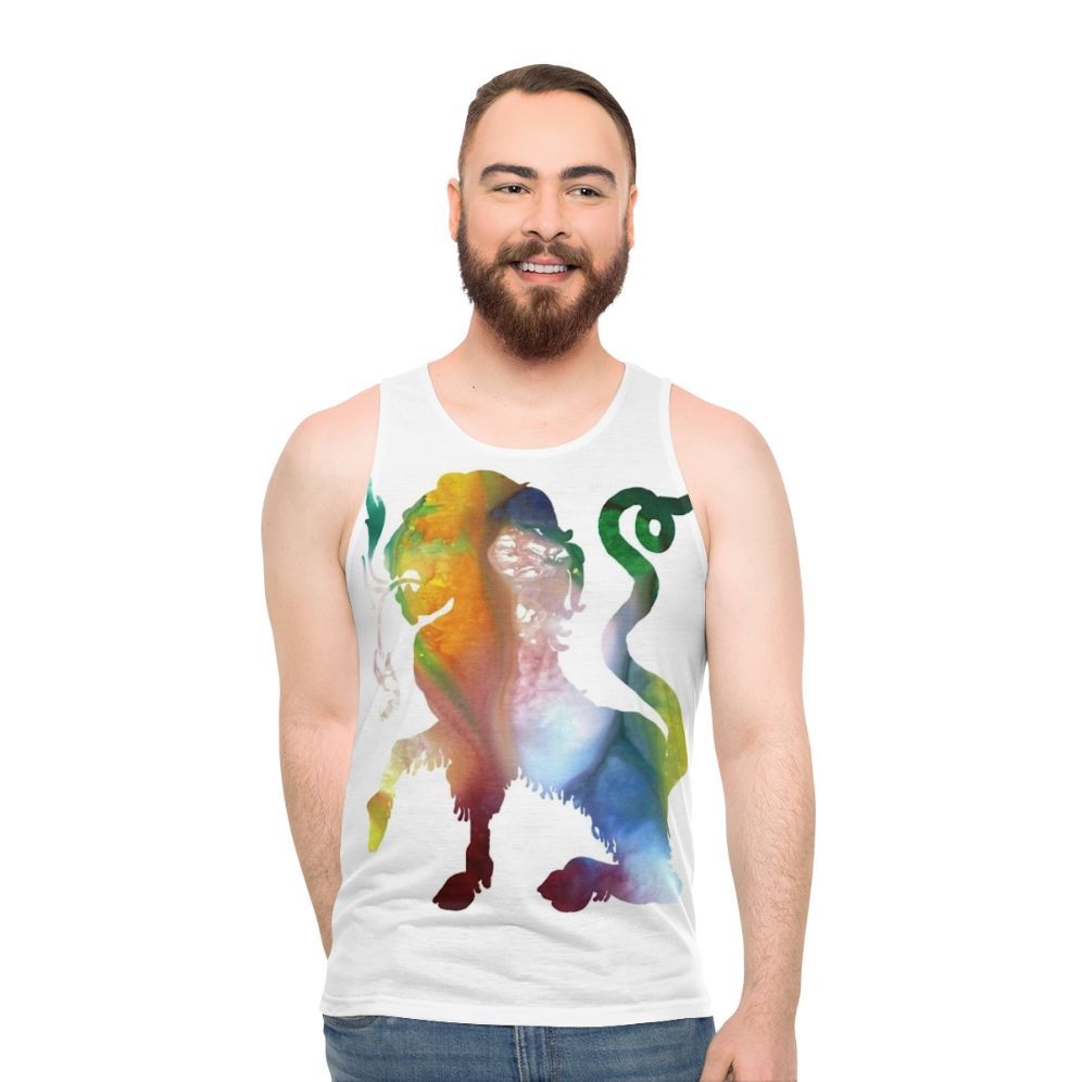 Unisex tank top featuring a colorful watercolor illustration of the mythical Chimera creature from Greek mythology