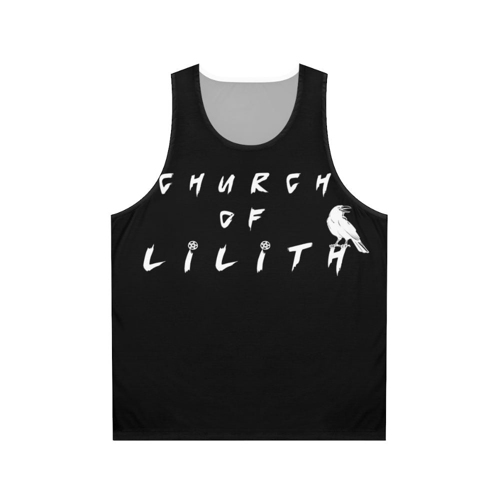 Unisex white tank top with Church of Lilith gothic typography