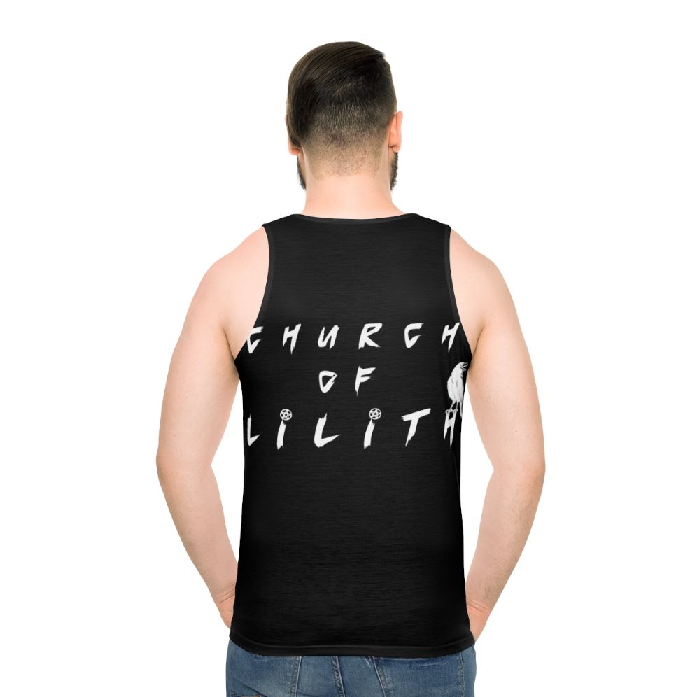 Unisex white tank top with Church of Lilith gothic typography
