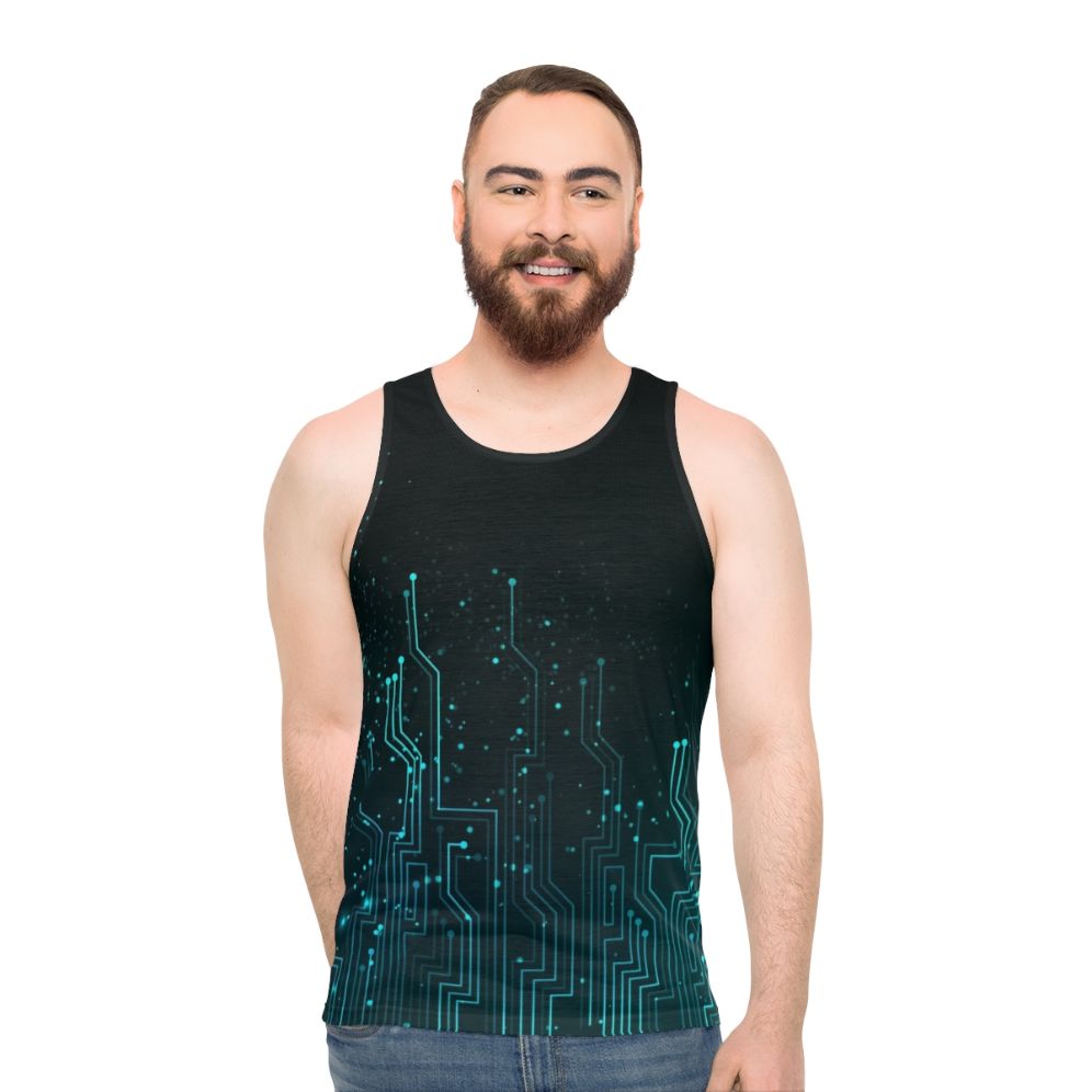 Unisex tank top with a vibrant circuit board pattern design
