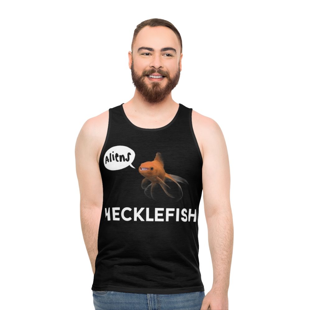 Unisex tank top with graphic design of alien fish and underground base