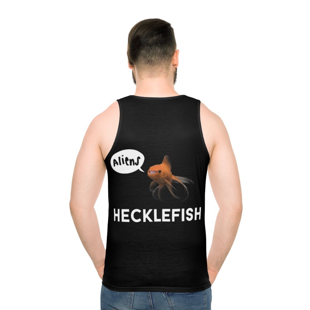 Unisex tank top with graphic design of alien fish and underground base