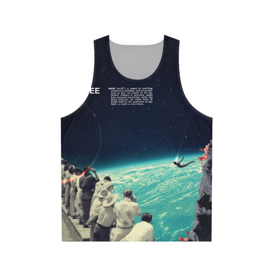 Unisex vintage-style tank top with a collage-inspired cosmic landscape design