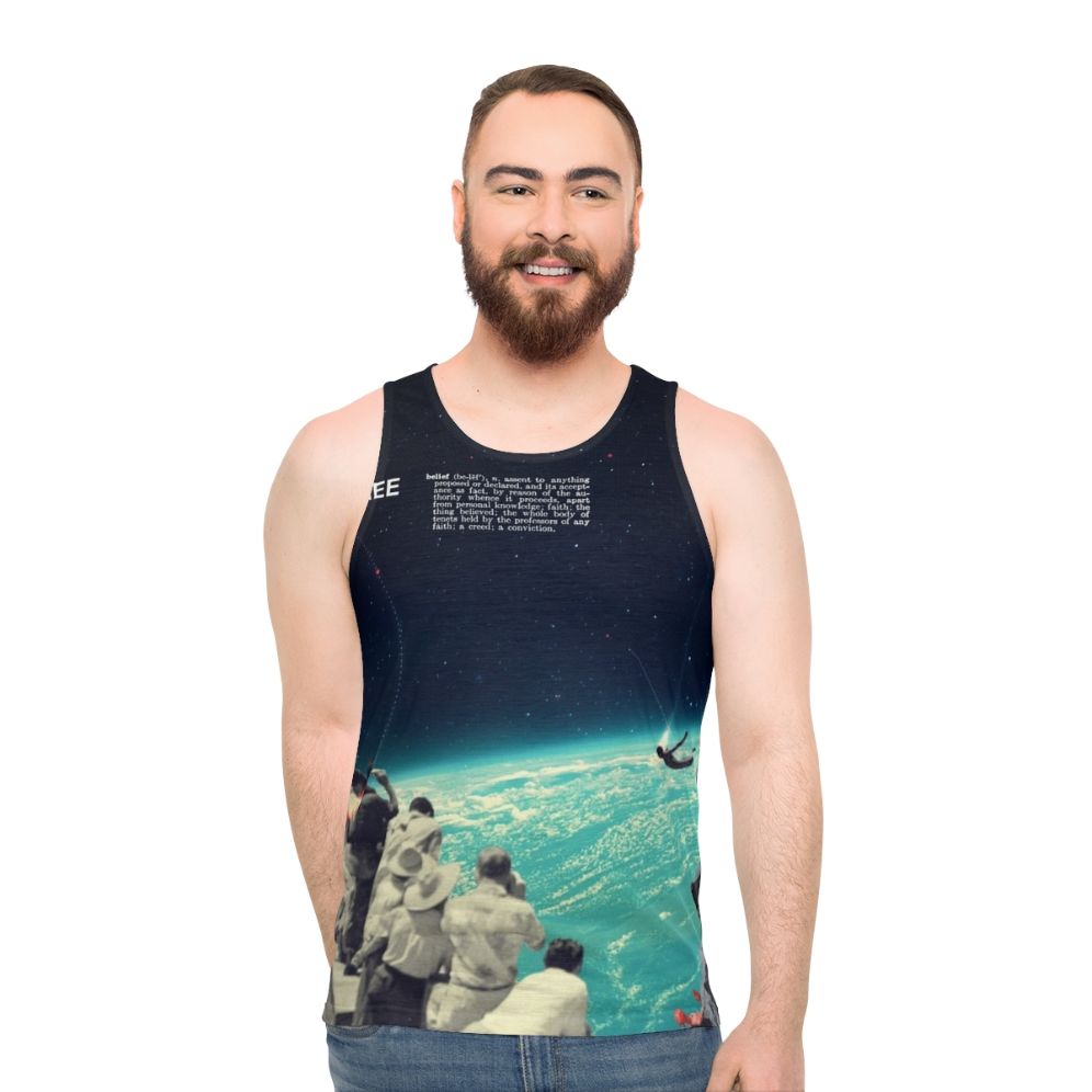 Unisex vintage-style tank top with a collage-inspired cosmic landscape design