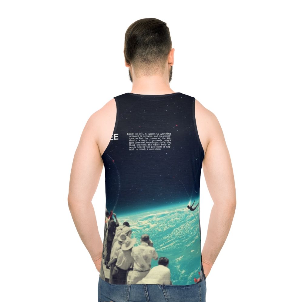 Unisex vintage-style tank top with a collage-inspired cosmic landscape design