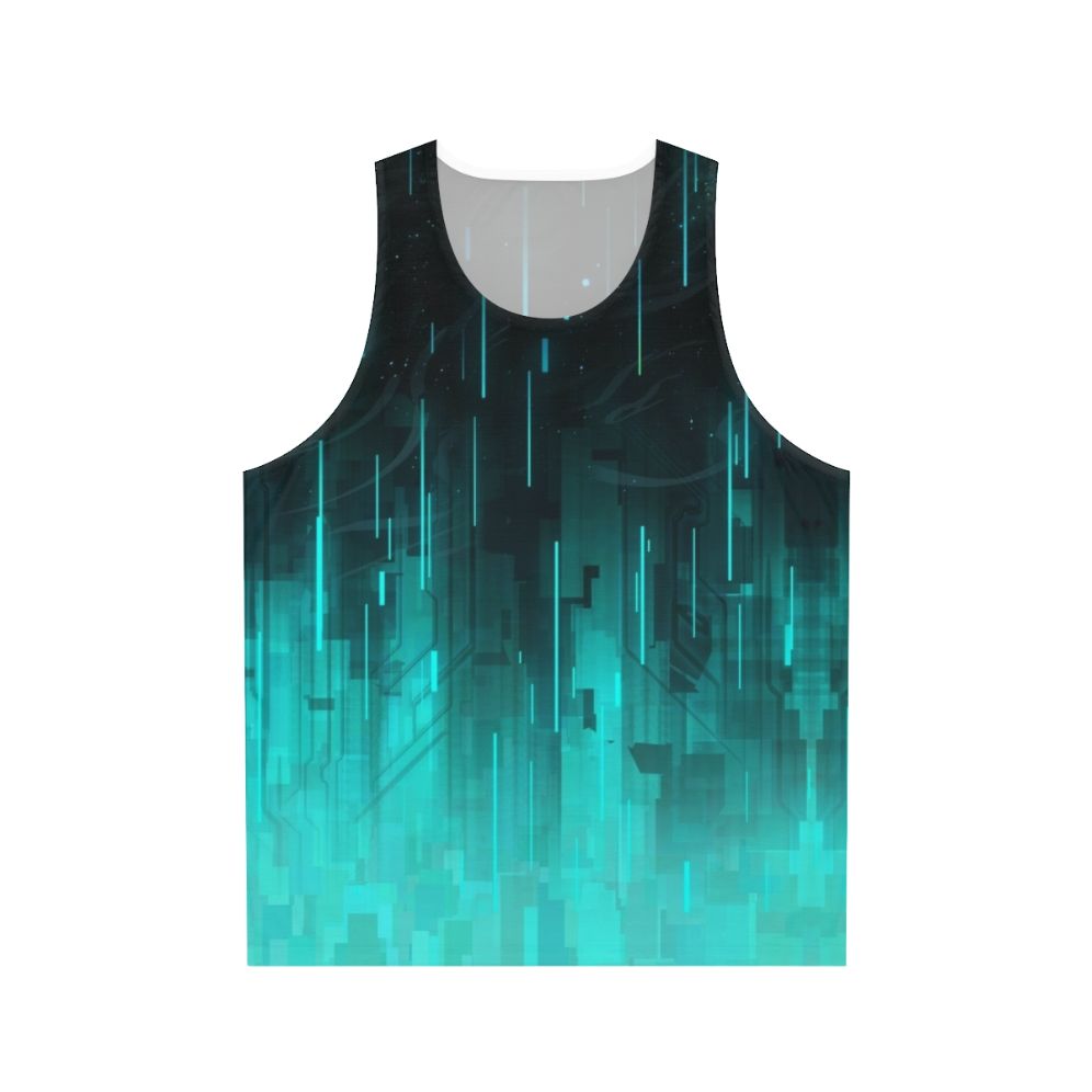 Unisex tank top with cyberpunk geometric design and cosmic backdrop