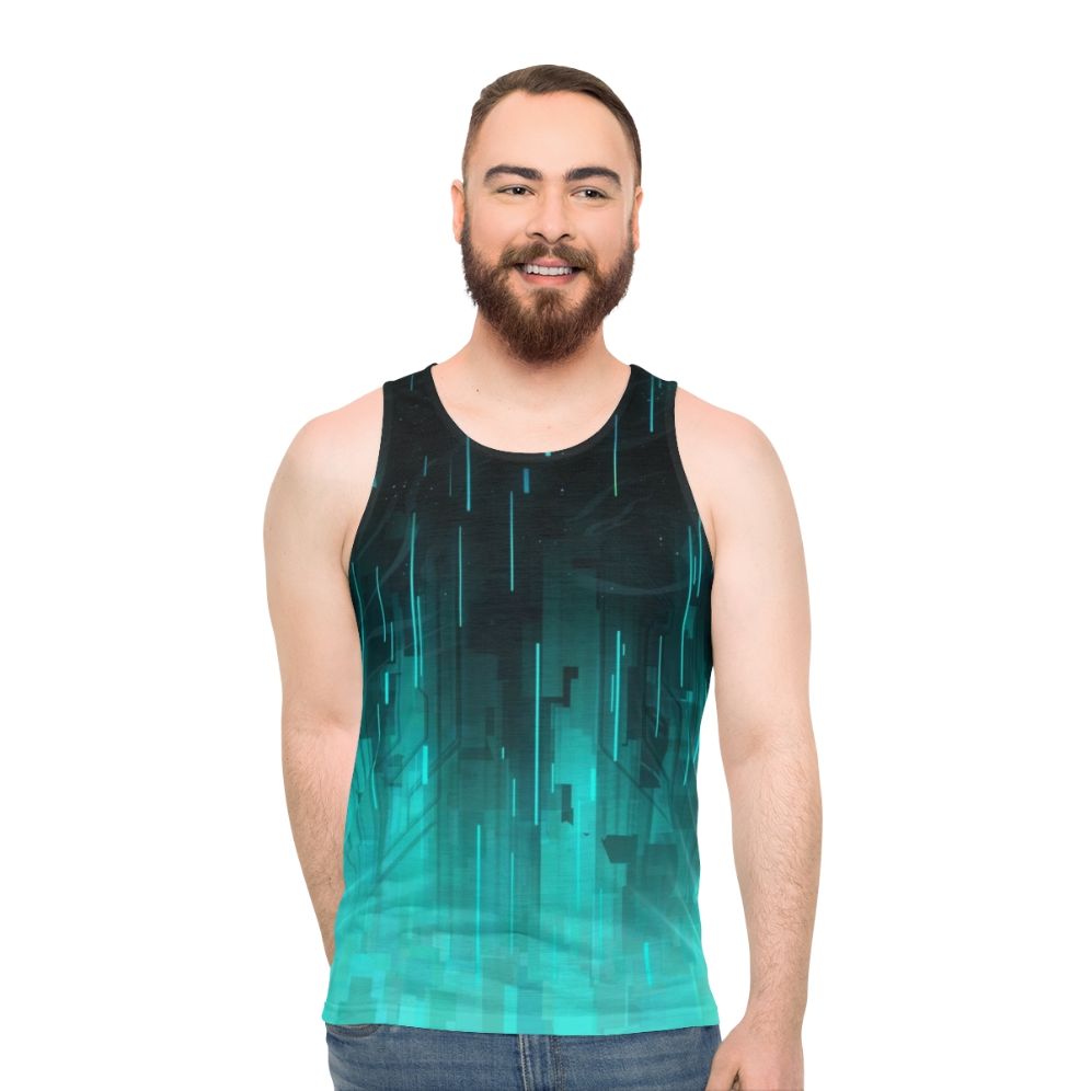 Unisex tank top with cyberpunk geometric design and cosmic backdrop