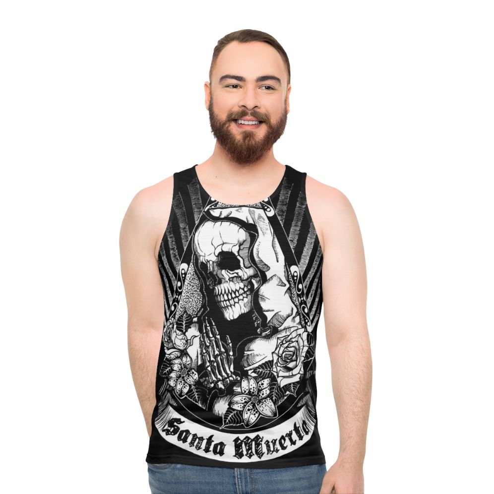 Unisex dark aesthetic Santa Muerte skull and floral tank top