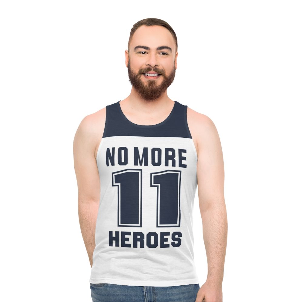 Unisex dark blue tank top with 'No More Heroes' design