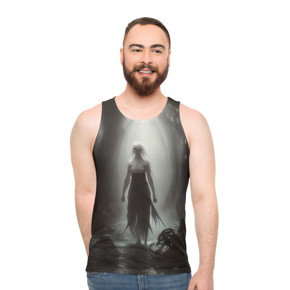 Unisex dark fantasy tank top with mysterious woman
