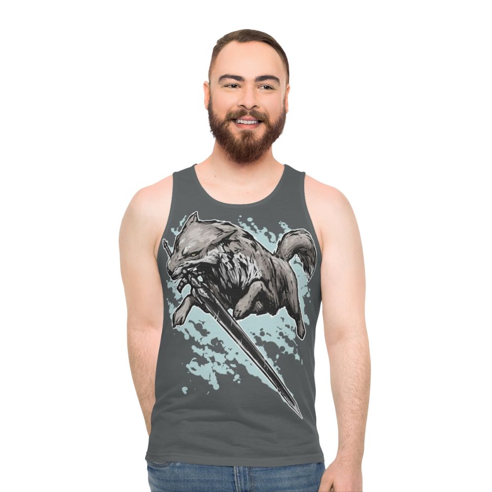Unisex dark souls inspired wolf and sword fight tank top