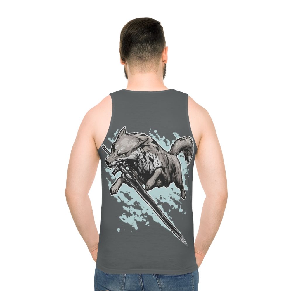 Unisex dark souls inspired wolf and sword fight tank top