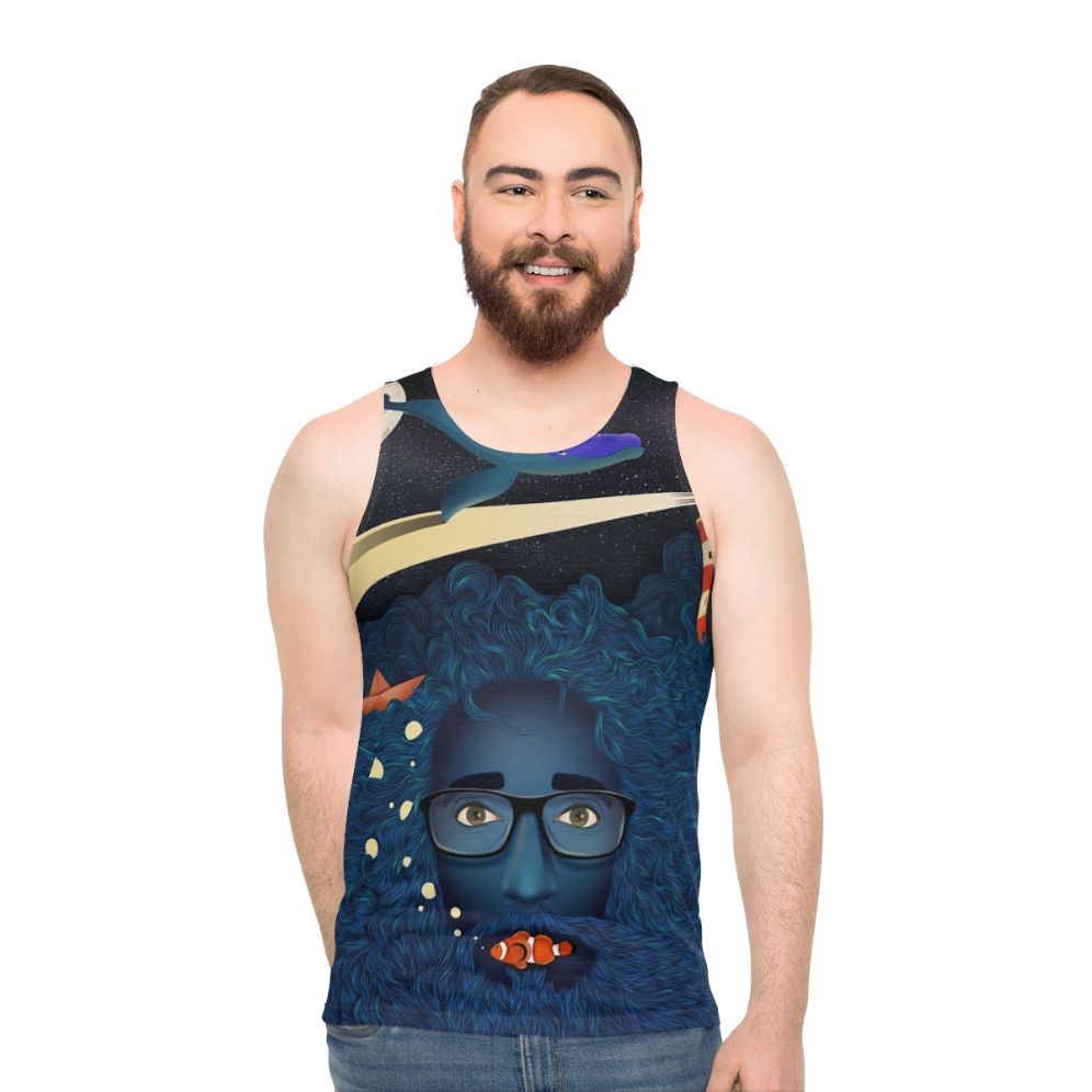 Unisex tank top with a deep thoughts and calma art ocean-themed fantasy design