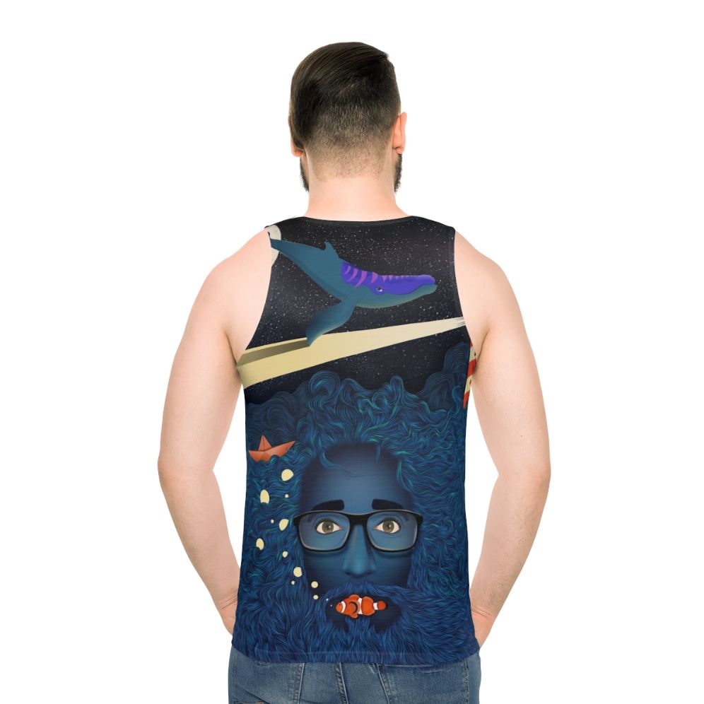 Unisex tank top with a deep thoughts and calma art ocean-themed fantasy design