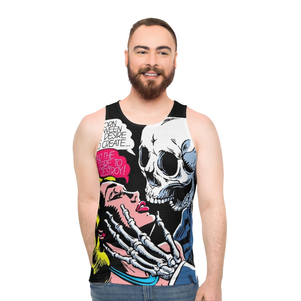 Unisex tank top with vintage comics and skull design