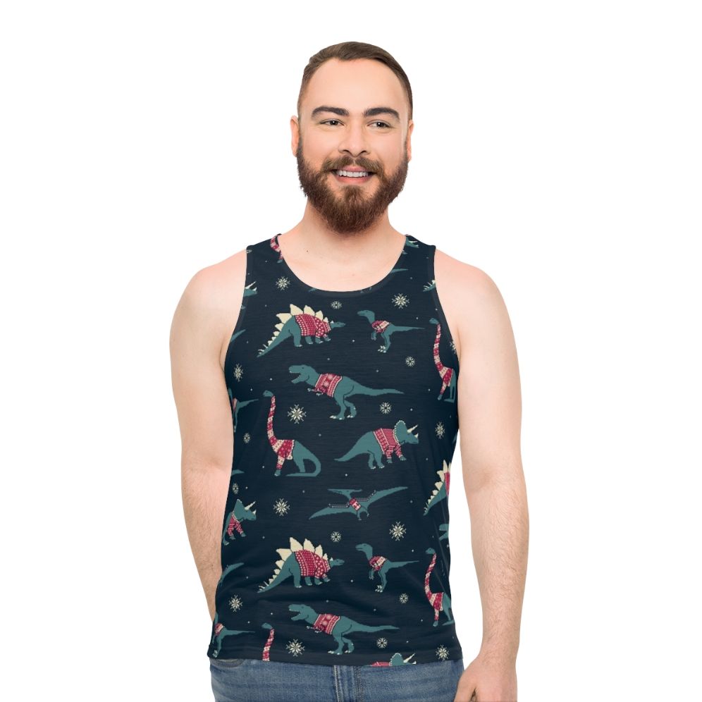Unisex Dinos In Sweaters Tank Top featuring a graphic of dinosaurs wearing festive sweaters