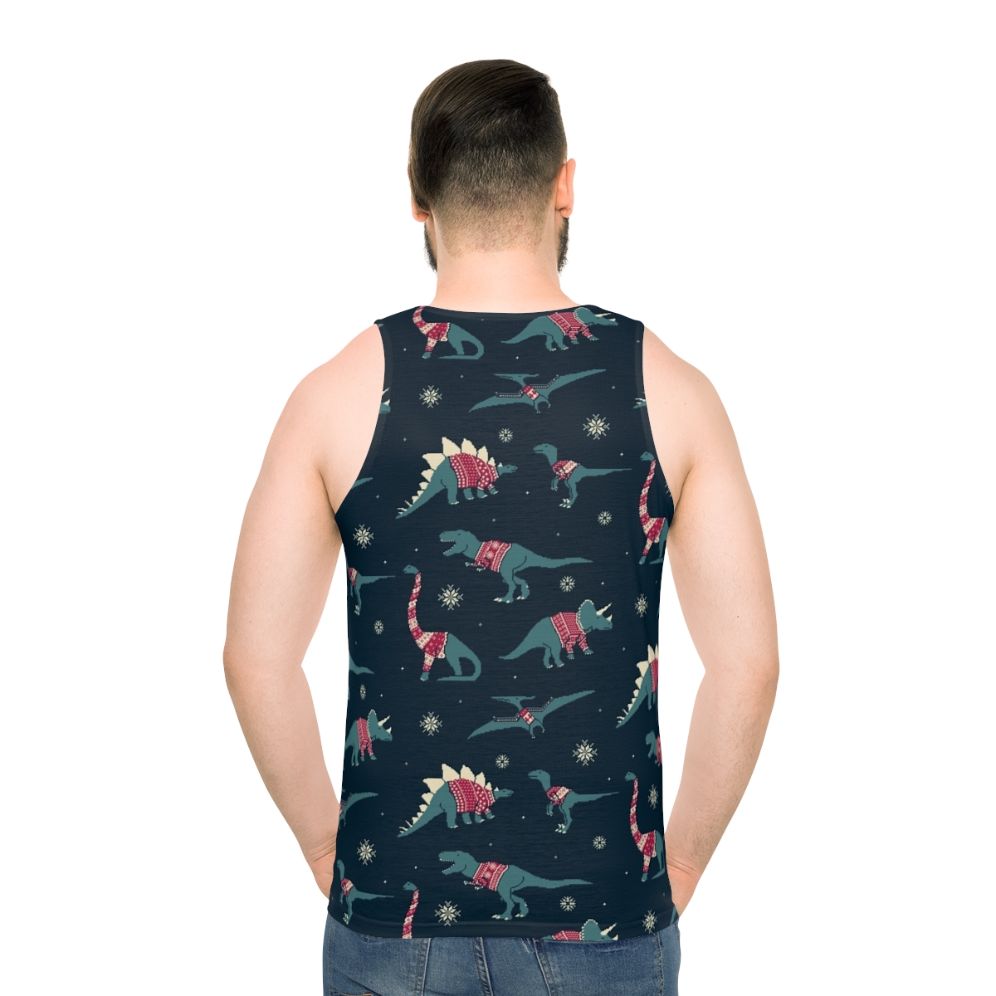 Unisex Dinos In Sweaters Tank Top featuring a graphic of dinosaurs wearing festive sweaters