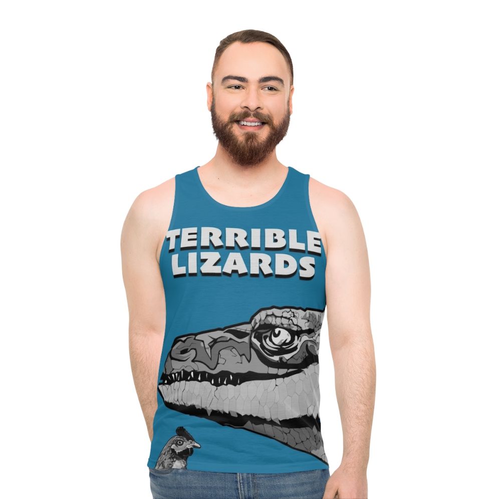 Unisex dinosaur tank top with "Terrible Lizards" graphic