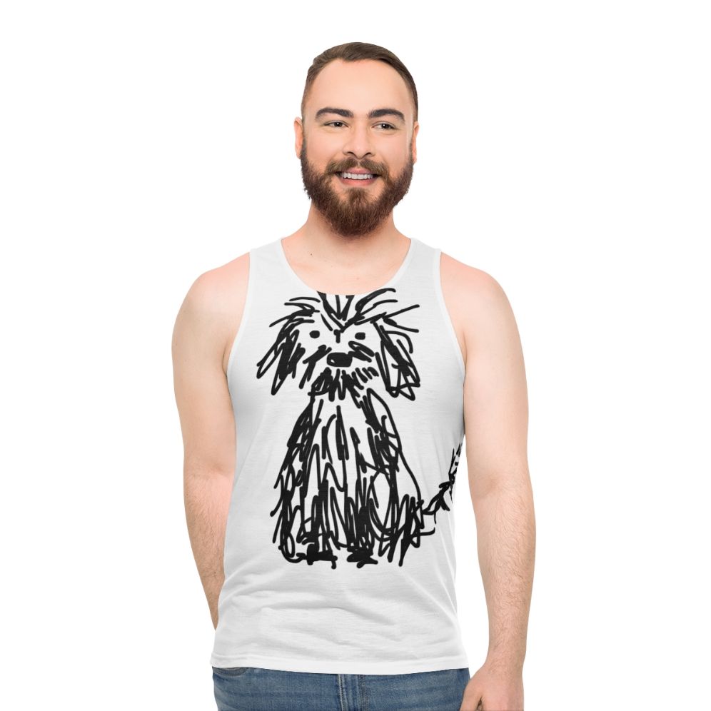 Unisex dog themed tank top with shaggy dog illustration